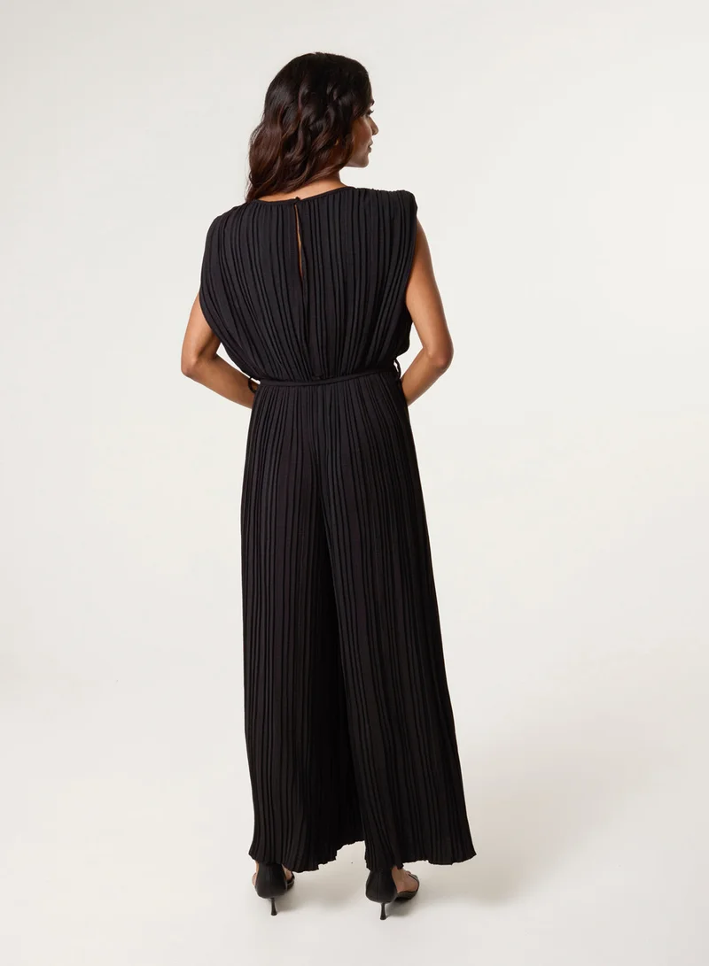 Blue Vanilla Pleated Shoulder Pad Jumpsuit